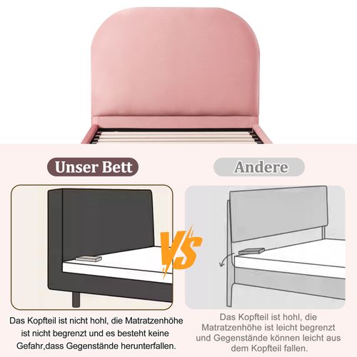 Lit Enfant 90x200 Cm En Velours Rose Avec Rangement Hydraulique