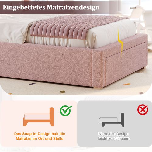 Lit Enfant 90x200 Cm En Velours Rose Avec Rangement Et Tête Rembourrée