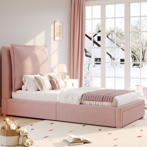 Lit Enfant 90x200 Cm En Velours Rose Avec Rangement Et Tête Rembourrée