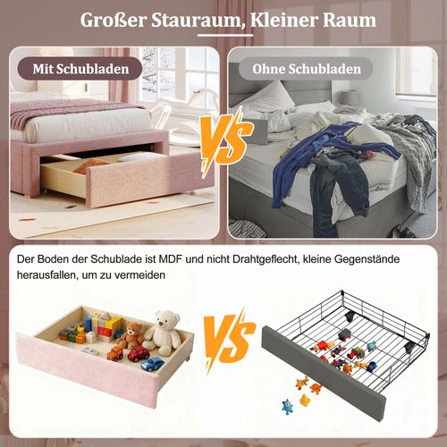 Lit Enfant 90x200 Cm En Velours Rose Avec Rangement Et Tête Rembourrée