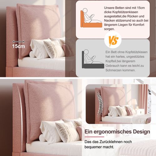 Lit Enfant 90x200 Cm En Velours Rose Avec Rangement Et Tête Rembourrée