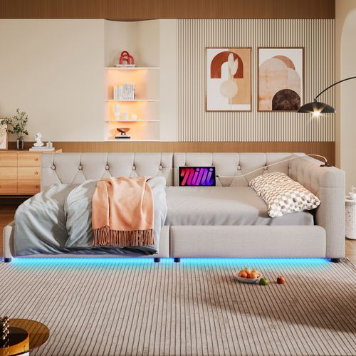 Canapé-lit 90x200 Cm Avec Éclairage LED Et Ports USB/type-c, Lin Beige