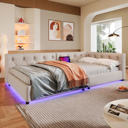 Canapé-lit 90x200 Cm Avec Éclairage LED Et Ports USB/type-c, Lin Beige