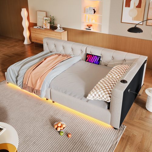 Canapé-lit 90x200 Cm Avec Éclairage LED Et Ports USB/type-c, Lin Beige