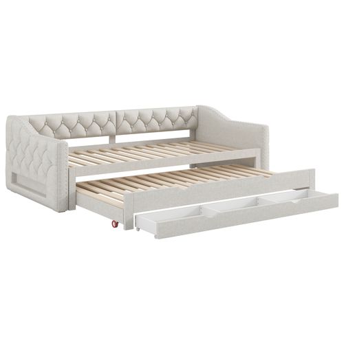 Lit Banquette 90x200 Beige Avec LED, Tiroirs Et Lit Gigogne