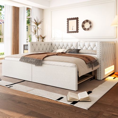 Lit Gigogne 90x200 Extensible Avec LED Et Revêtement En Lin, Beige