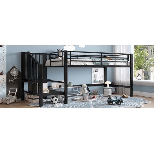 Lit Mezzanine 90x200 Mi-hauteur Métal Avec Escalier De Rangement Noir