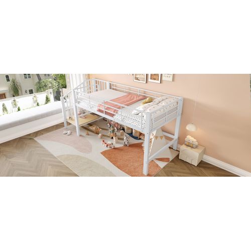 Lit Mezzanine 90x200 Mi-hauteur Métal Avec Escalier De Rangement Blanc