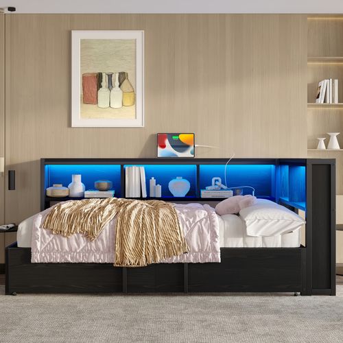 Lit Gigogne 90x200 Noir Avec LED, USB Et Tiroirs De Rangement