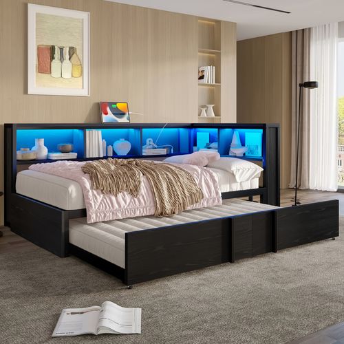 Lit Gigogne 90x200 Noir Avec LED, USB Et Tiroirs De Rangement