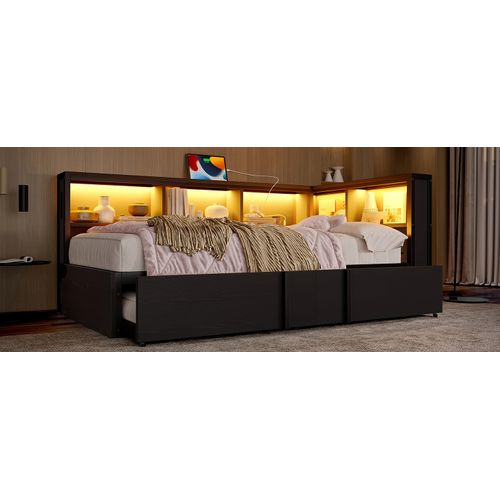Lit Gigogne 90x200 Noir Avec LED, USB Et Tiroirs De Rangement