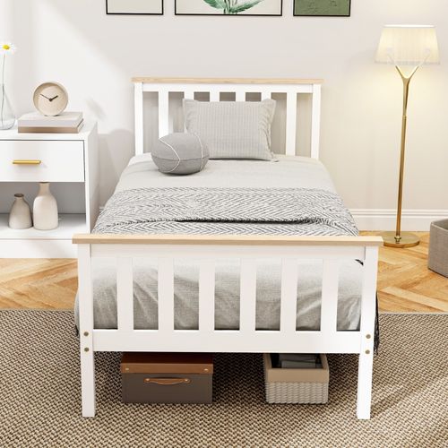 Cadre De Lit Simple En Bois De Pin Avec Espace De Rangement 23 Cm – Blanc Et Bois Naturel