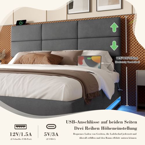 Lit Double Velours 160x200 Cm Avec LED, USB Et Rangement XXL