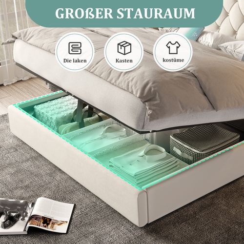 Lit 180x200 Avec Tête De Lit Longue En Velours, USB, LED Et Grand Rangement