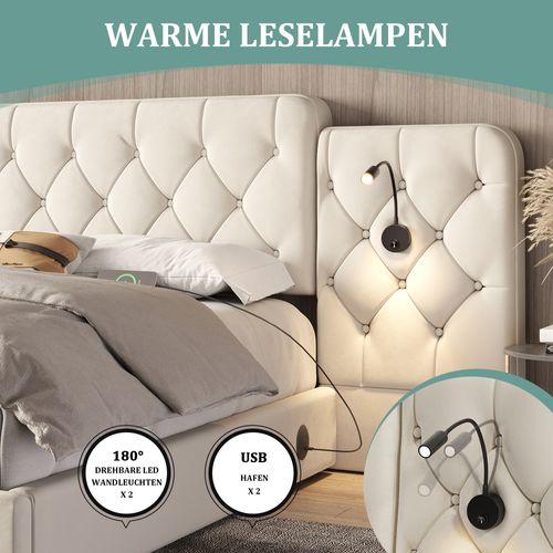 Lit 160x200 Avec Tête De Lit Longue En Velours, USB, LED Et Grand Rangement