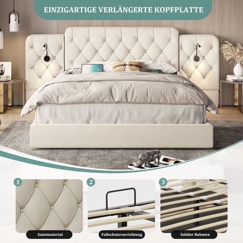 Lit 160x200 Avec Tête De Lit Longue En Velours, USB, LED Et Grand Rangement