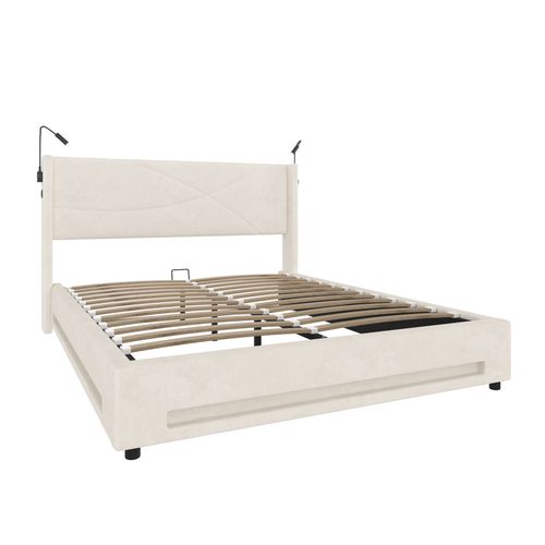 Lit 160x200 Moderne En Velours Avec LED, Lampes Lecture Et Rangement