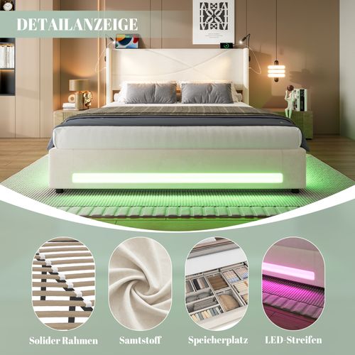 Lit 160x200 Moderne En Velours Avec LED, Lampes Lecture Et Rangement