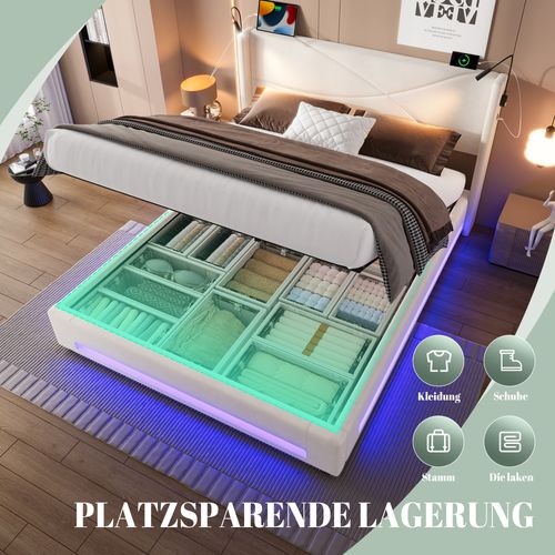 Lit 160x200 Moderne En Velours Avec LED, Lampes Lecture Et Rangement