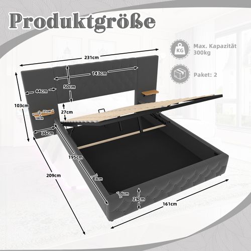 Lit 160x200 Gris Avec Large Tête De Lit, LED, USB Et Rangement Hydraulique