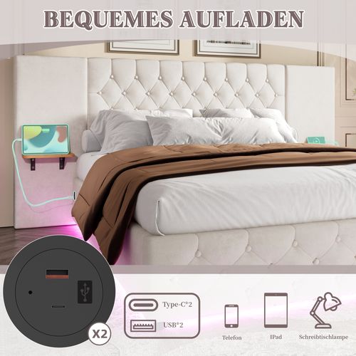 Lit 160x200 Beige Avec Large Tête De Lit, LED, USB Et Rangement Hydraulique