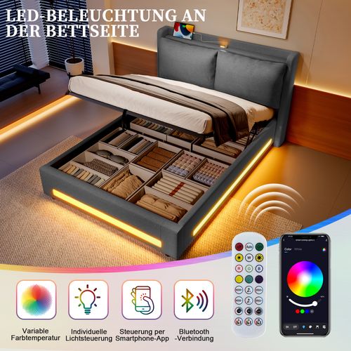 Lit 160x200 Cm En Velours Gris Foncé Avec LED, USB-c Et Rangement Pratique