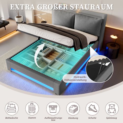 Lit 140x190 Cm En Velours Gris Foncé Avec LED, USB-c Et Rangement