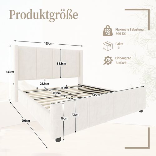 Lit 140x190 Cm En Velours Beige Avec Tête Haute, USB Et Cadre Robuste