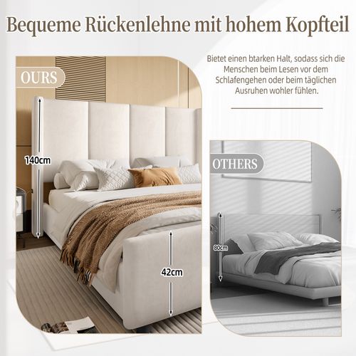 Lit 140x190 Cm En Velours Beige Avec Tête Haute, USB Et Cadre Robuste