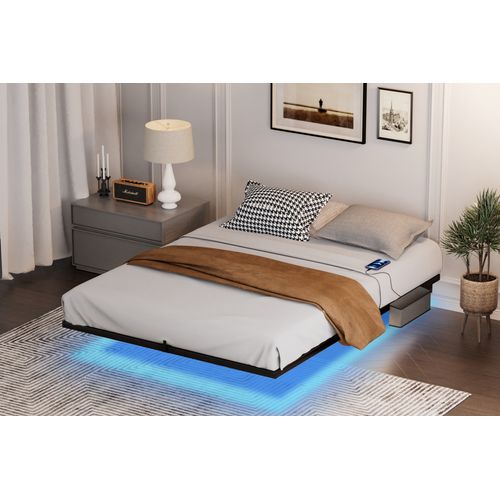 Lit Flottant 160x200 Cm En Métal Noir Avec LED, Ports USB/type-c Et Rangement Latéral