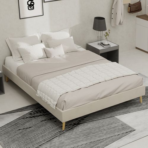 Cadre De Lit Moderne 140x200 Cm Beige En Velours Hollandais, Faible Hauteur