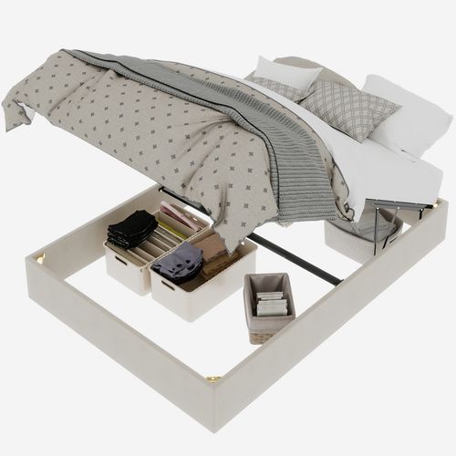 Lit Moderne 140x200 cm En Velours Beige Avec Rangement Et Tête Haute