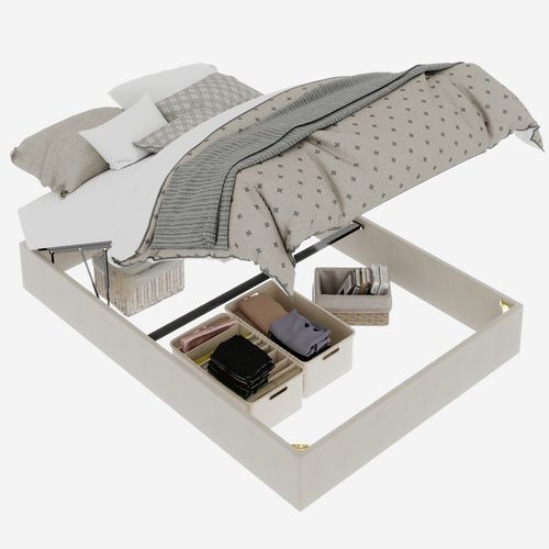 Lit Moderne 140x200 cm En Velours Beige Avec Rangement Et Tête Haute