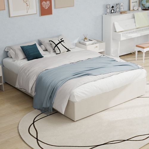 Lit Moderne 160x200 cm En Velours Beige Avec Rangement Et Tête Haute