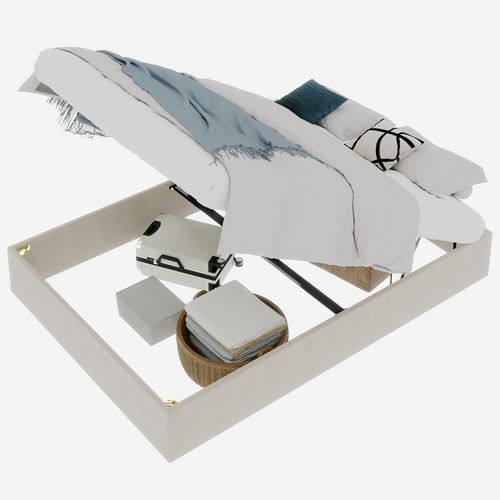 Lit Moderne 160x200 cm En Velours Beige Avec Rangement Et Tête Haute