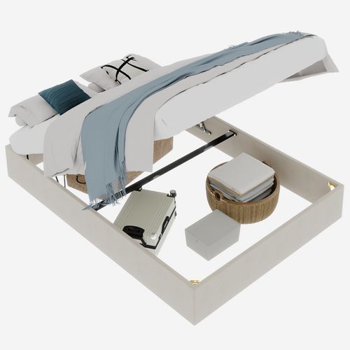 Lit Moderne 160x200 cm En Velours Beige Avec Rangement Et Tête Haute