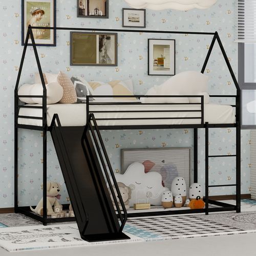 Lit Superposé 190 X 90 Cm Pour Enfants Avec Toboggan Et Maison 2 Places, Noir