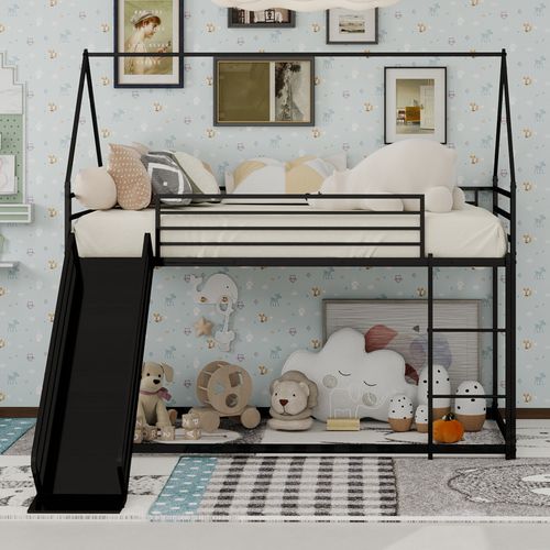Lit Superposé 190 X 90 Cm Pour Enfants Avec Toboggan Et Maison 2 Places, Noir