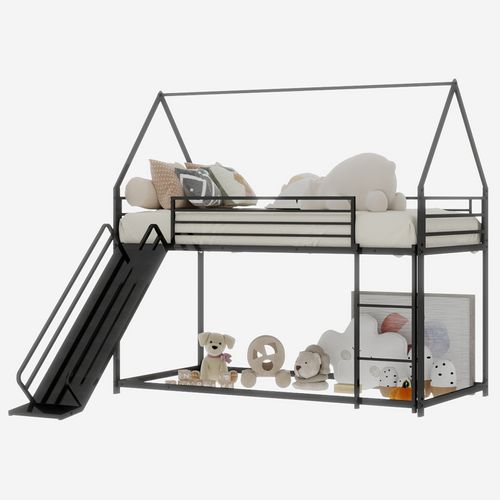 Lit Superposé 190 X 90 Cm Pour Enfants Avec Toboggan Et Maison 2 Places, Noir