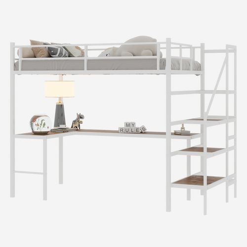 Lit Mezzanine 190x190cm Avec Bureau En L, Rangement Intégré Et Sécurité Enfant, Blanc
