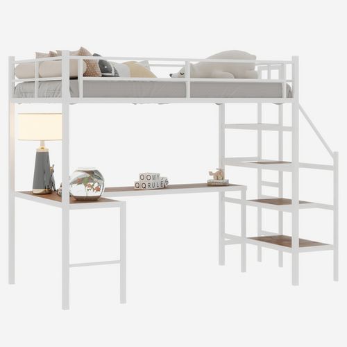 Lit Mezzanine 190x190cm Avec Bureau En L, Rangement Intégré Et Sécurité Enfant, Blanc