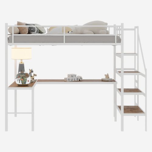 Lit Mezzanine 190x190cm Avec Bureau En L, Rangement Intégré Et Sécurité Enfant, Blanc