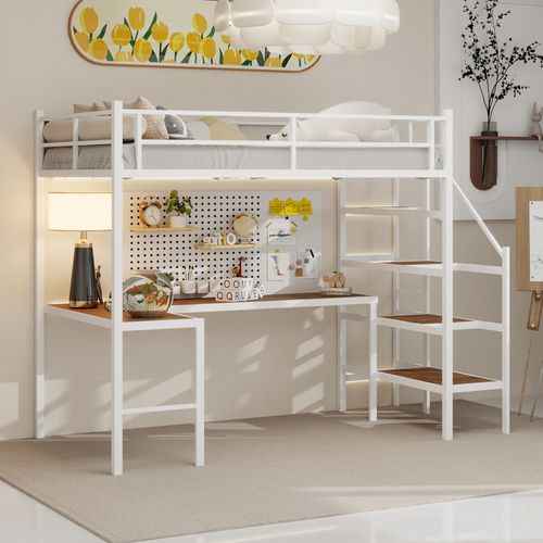Lit Mezzanine 190x190cm Avec Bureau En L, Rangement Intégré Et Sécurité Enfant, Blanc