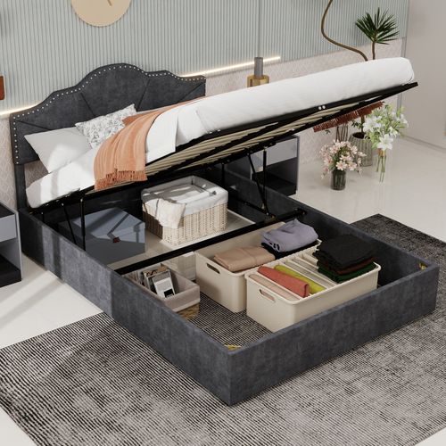 Lit Moderne 160x200 Cm Gris Avec Coffre Pneumatique Et Tête Douce