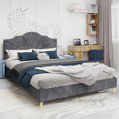 Lit Coffre Bas 140x200 Cm Gris Moderne Avec Tête Rembourrée