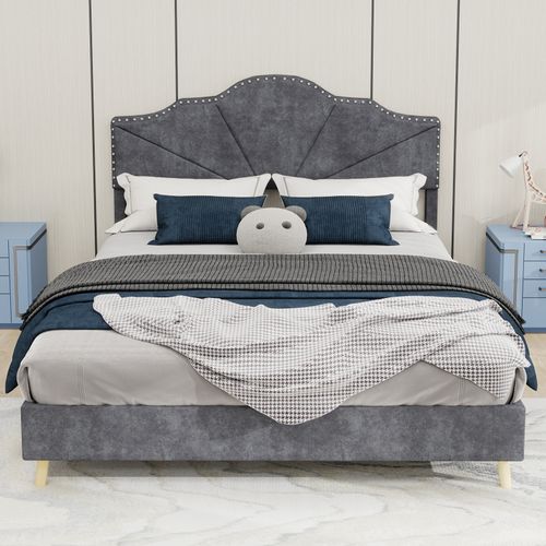 Lit Coffre Bas 140x200 Cm Gris Moderne Avec Tête Rembourrée