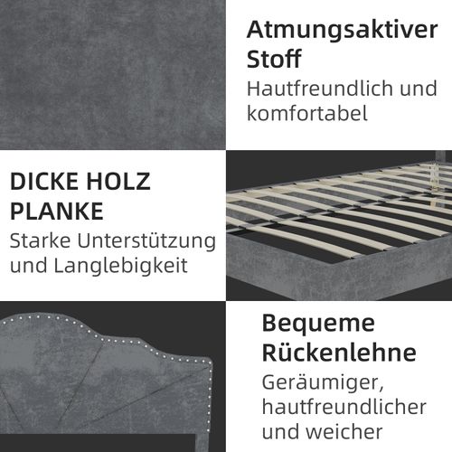 Lit Coffre Bas 140x200 Cm Gris Moderne Avec Tête Rembourrée