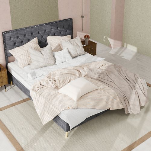 Lit Coffre Bas 140x200 Cm Gris En Velours Hollandais Avec Tête Rembourrée