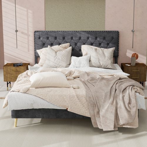 Lit Coffre Bas 140x200 Cm Gris En Velours Hollandais Avec Tête Rembourrée