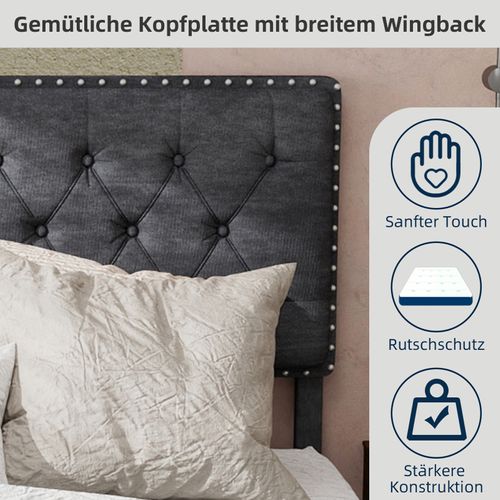 Lit Coffre Bas 140x200 Cm Gris En Velours Hollandais Avec Tête Rembourrée